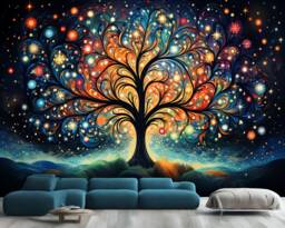Wallpaper, Mystical Light Tree Wall Decal, Colorful Ai Art Mural, Easy Install