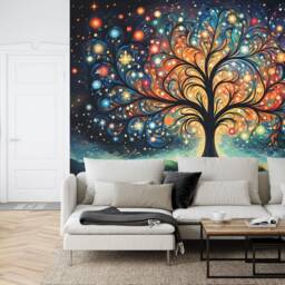 Wallpaper, Mystical Light Tree Wall Decal, Colorful Ai Art Mural, Easy Install - thumbnail 2