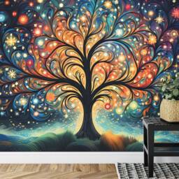 Wallpaper, Mystical Light Tree Wall Decal, Colorful Ai Art Mural, Easy Install - thumbnail 3