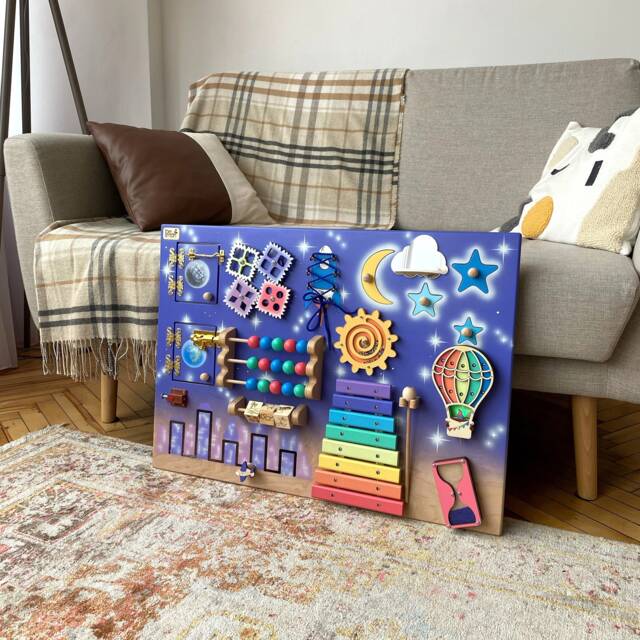Toddler Busy Board With Night City 50x70 cm, Sensory Moon, Stars & Rocket, Busyboard For 1 Year Old Fidget Activity - image 1