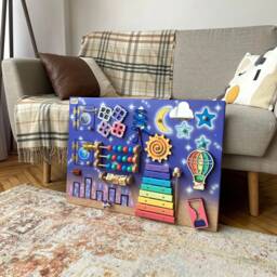 Toddler Busy Board With Night City 50x70 cm, Sensory Moon, Stars & Rocket, Busyboard For 1 Year Old Fidget Activity - thumbnail 1