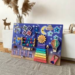 Toddler Busy Board With Night City 50x70 cm, Sensory Moon, Stars & Rocket, Busyboard For 1 Year Old Fidget Activity - thumbnail 2