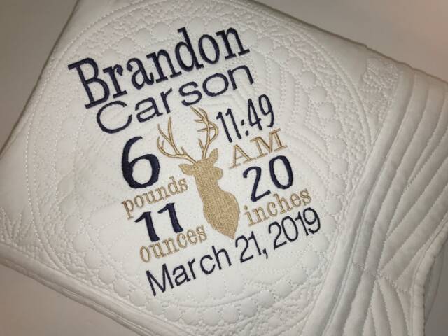 Personalized Baby Stag Quilt, Deer Birth Statistics, Custom Heirloom Blanket - image 1