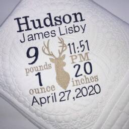 Personalized Baby Stag Quilt, Deer Birth Statistics, Custom Heirloom Blanket - thumbnail 2