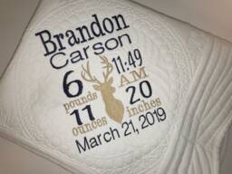Personalized Baby Stag Quilt, Deer Birth Statistics, Custom Heirloom Blanket - thumbnail 1