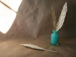 Rustic Paper Feathers, Bundle Of 3, Black Calligraphy Ink On Light Tan Parchment Paper, Handwritten Words From Poems & Hymns - thumbnail 1