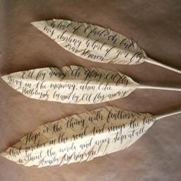 Rustic Paper Feathers, Bundle Of 3, Black Calligraphy Ink On Light Tan Parchment Paper, Handwritten Words From Poems & Hymns - thumbnail 2