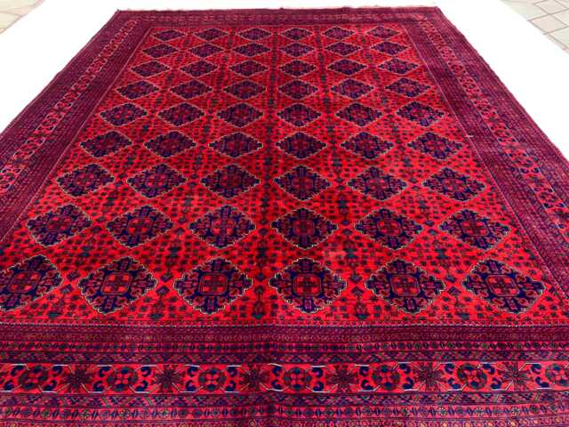 Hand-Knotted Afghan Wool Rug 9.6x12.5 Ft Red & Navy Tribal Carpet - image 1