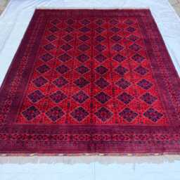 Hand-Knotted Afghan Wool Rug 9.6x12.5 Ft Red & Navy Tribal Carpet - thumbnail 3