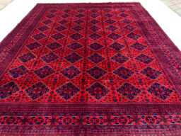 Hand-Knotted Afghan Wool Rug 9.6x12.5 Ft Red & Navy Tribal Carpet - thumbnail 1