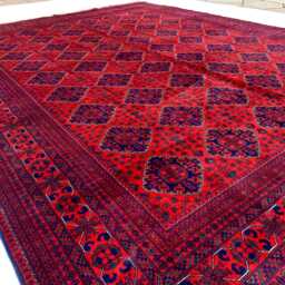 Hand-Knotted Afghan Wool Rug 9.6x12.5 Ft Red & Navy Tribal Carpet - thumbnail 2