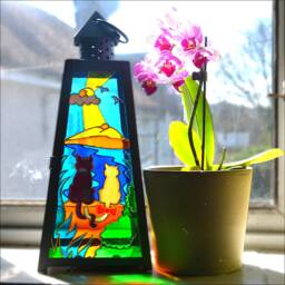 Seaside Cats Hanging Candle Lantern, Stained Glass Cat Lover Gift, Sea & Sunshine Garden Ornament in Bright Mediterranean Caribbean Colours - thumbnail 1
