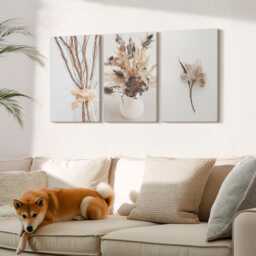 Canvas Set Of 3 Wall Art - Flowers & Branches in A Minimalist Nature Style, Beige Print, Plants Decor - thumbnail 1