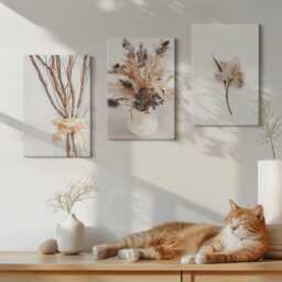 Canvas Set Of 3 Wall Art - Flowers & Branches in A Minimalist Nature Style, Beige Print, Plants Decor - thumbnail 3
