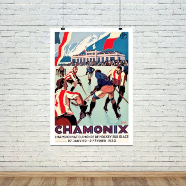 Chamonix Poster Vintage Ice Hockey Winter Travel Print - image 1