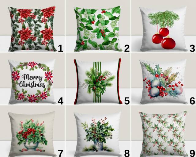 Christmas Berries Cushion Cover, Joyful Xmas Pillow Case, Merry Home Decoration, New Year Gift, Winter Living Room Decor - image 1