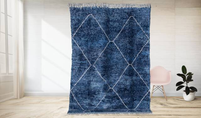 Moroccan Rug Blue, Berber Carpet , Beni Ourain , Handmade Rug, Boho Style, Area Tapis Berbere, Teppich - image 1