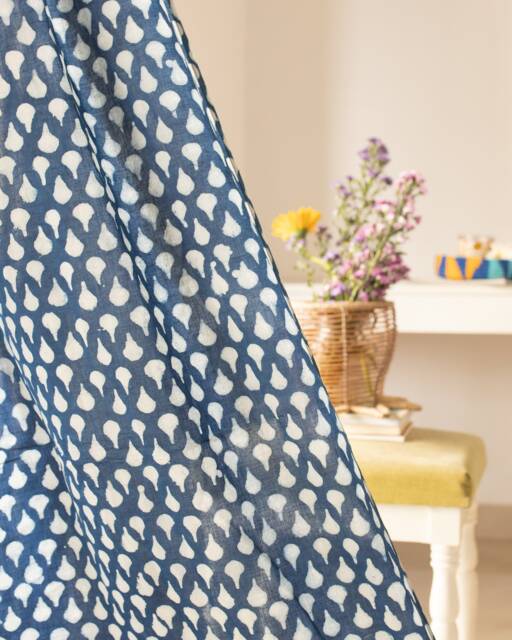 Indigo Tear Drop Print Semi Sheer Curtains, Cotton Sheer Panels, Curtains Boho, Curtain Panels, Blockprint Curtains, Pack Of 1 - image 1