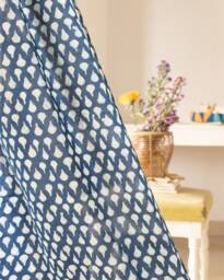 Indigo Tear Drop Print Semi Sheer Curtains, Cotton Sheer Panels, Curtains Boho, Curtain Panels, Blockprint Curtains, Pack Of 1