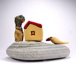 Miniature Ceramic House On Beach Stone Bird Clay Sculpture Decor - thumbnail 4