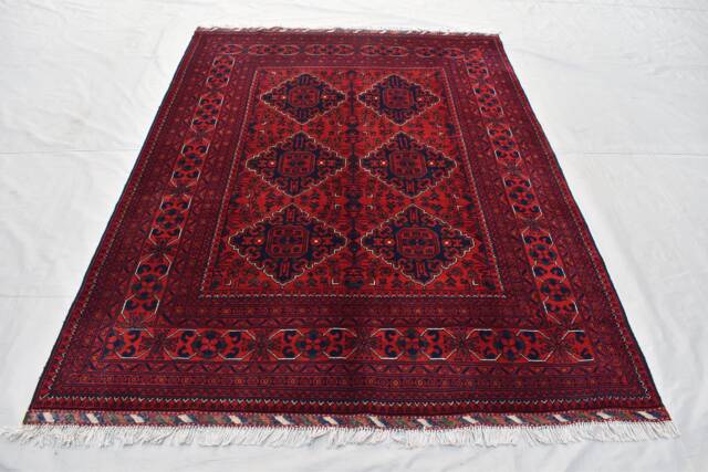 Handmade Wool Bukhara Rug Red & Navy Tribal Carpet - 6.11x5.1 Ft - image 1