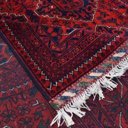 Handmade Wool Bukhara Rug Red & Navy Tribal Carpet - 6.11x5.1 Ft - thumbnail 4