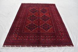 Handmade Wool Bukhara Rug Red & Navy Tribal Carpet - 6.11x5.1 Ft - thumbnail 1