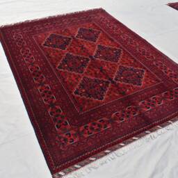 Handmade Wool Bukhara Rug Red & Navy Tribal Carpet - 6.11x5.1 Ft - thumbnail 2
