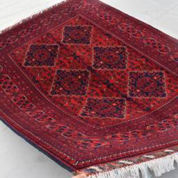 Handmade Wool Bukhara Rug Red & Navy Tribal Carpet - 6.11x5.1 Ft - thumbnail 3