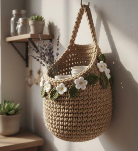 Crochet Hanging Wall Basket - Handmade Floral Storage Organizer, Boho Home Decor, Christmas Gift - image 1