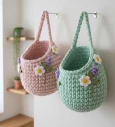 Crochet Hanging Wall Basket - Handmade Floral Storage Organizer, Boho Home Decor, Christmas Gift - thumbnail 3