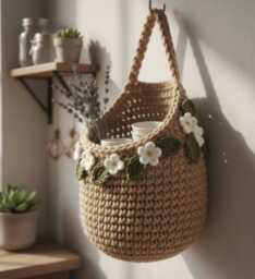 Crochet Hanging Wall Basket - Handmade Floral Storage Organizer, Boho Home Decor, Christmas Gift - thumbnail 1