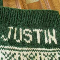 Hand Knit Christmas Stocking, Green Holiday Stocking With Snowmen - thumbnail 2