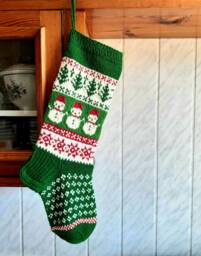 Hand Knit Christmas Stocking, Green Holiday Stocking With Snowmen