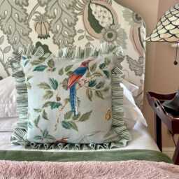 Handmade Linen Ruffle Cushion in Colefax & Fowler Ashdown Chinoiserie Print Including Feather Insert - thumbnail 3