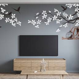 Tree Wall Decal Sticker-Corner Tree Branch Over Bed With Birds Nursery Wall Decal Art - thumbnail 2