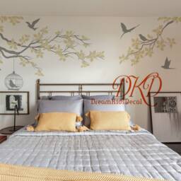 Tree Wall Decal Sticker-Corner Tree Branch Over Bed With Birds Nursery Wall Decal Art - thumbnail 3