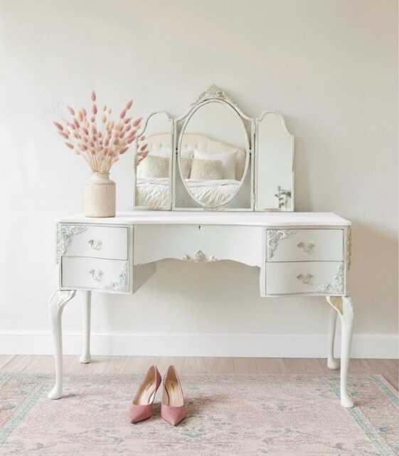 French Style Vanity Set Vintage Ornate Dressing Table With Mirror & Stool - image 1