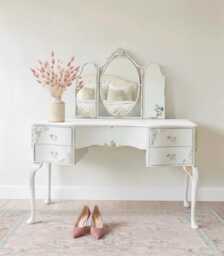 French Style Vanity Set Vintage Ornate Dressing Table With Mirror & Stool - thumbnail 1
