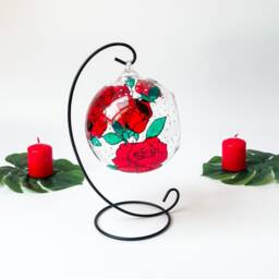Red Roses Glass Candle Holder, Hand Painted Unique Tealight Home Decor - thumbnail 2