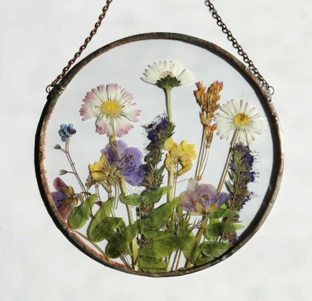 Pressed Wildflower Suncatcher Handmade Stained Glass Botanical Art - image 1