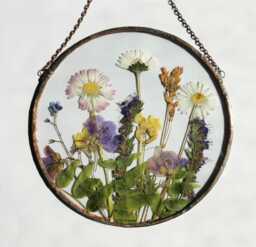 Pressed Wildflower Suncatcher Handmade Stained Glass Botanical Art - thumbnail 1