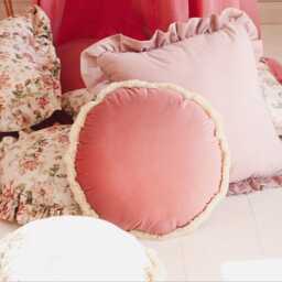 Dusty Pink & Marsala Velvet Round Pillow Double-Sided Fringe Cushion - thumbnail 1