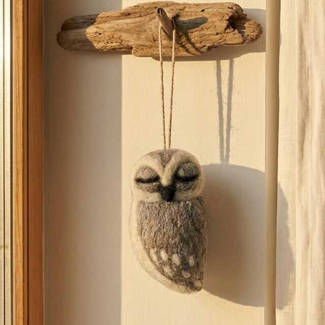 Grey Owl Ornament Needle Felted Handmade Wool Woodland Hanging Decoration - image 1