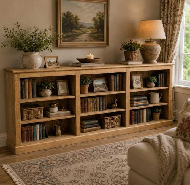 Handcrafted 8Ft Wide Solid Wood Low Bookcase, 3 Bay Adjustable Storage Bookshelves - image 1