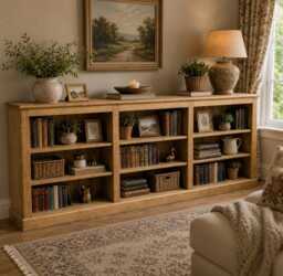 Handcrafted 8Ft Wide Solid Wood Low Bookcase, 3 Bay Adjustable Storage Bookshelves - thumbnail 1