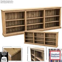 Handcrafted 8Ft Wide Solid Wood Low Bookcase, 3 Bay Adjustable Storage Bookshelves - thumbnail 2
