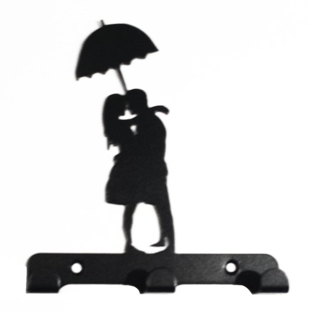 Couple Under Umbrella Silhouette Key Hook Rack - Metal Wall Art Romantic