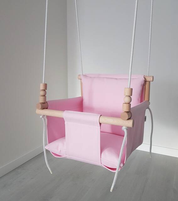 Pink Cotton Baby Swing Natural Wood, Indoor Toddler Swing - image 1