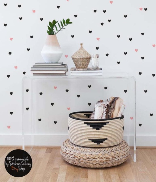 Hand Drawn Heart Wall Decal, Hand Made Sticker, Graphic Decor Set, Wallpaper Effect Decor, Black Hearts Decal #12S - image 1